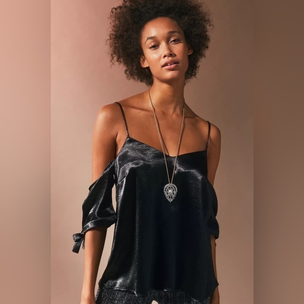 UO Silence + Noise Blue Shiny Cold Shoulder Tie Top